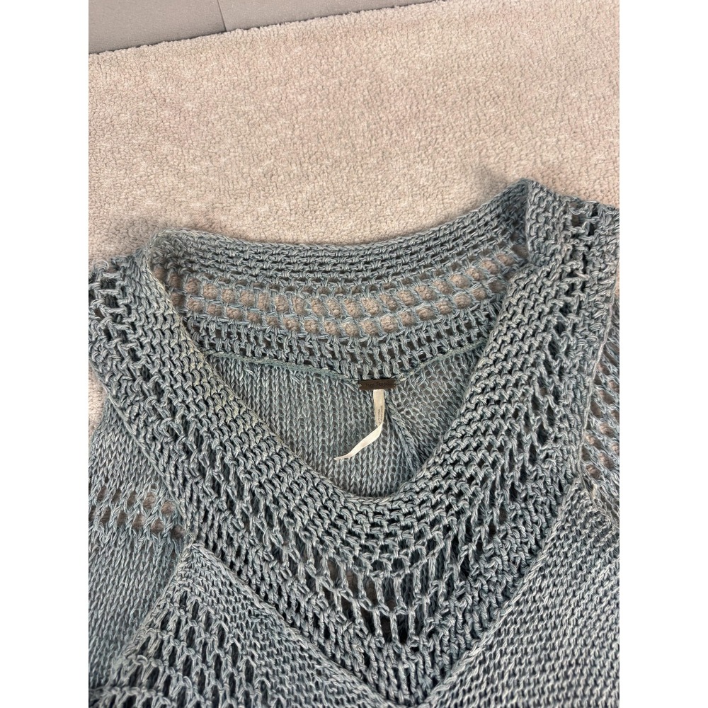 Free People Sweater Womens Medium Blue Linen Blend Open Knit Poncho Tank - Picture 3 of 10